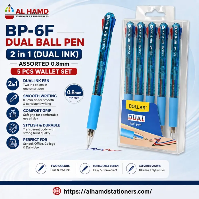 BP-6F - Dual Ball Pen ( 2in1 ) Assorted 0.8mm Dollar - 5Pcs Wallet Set -